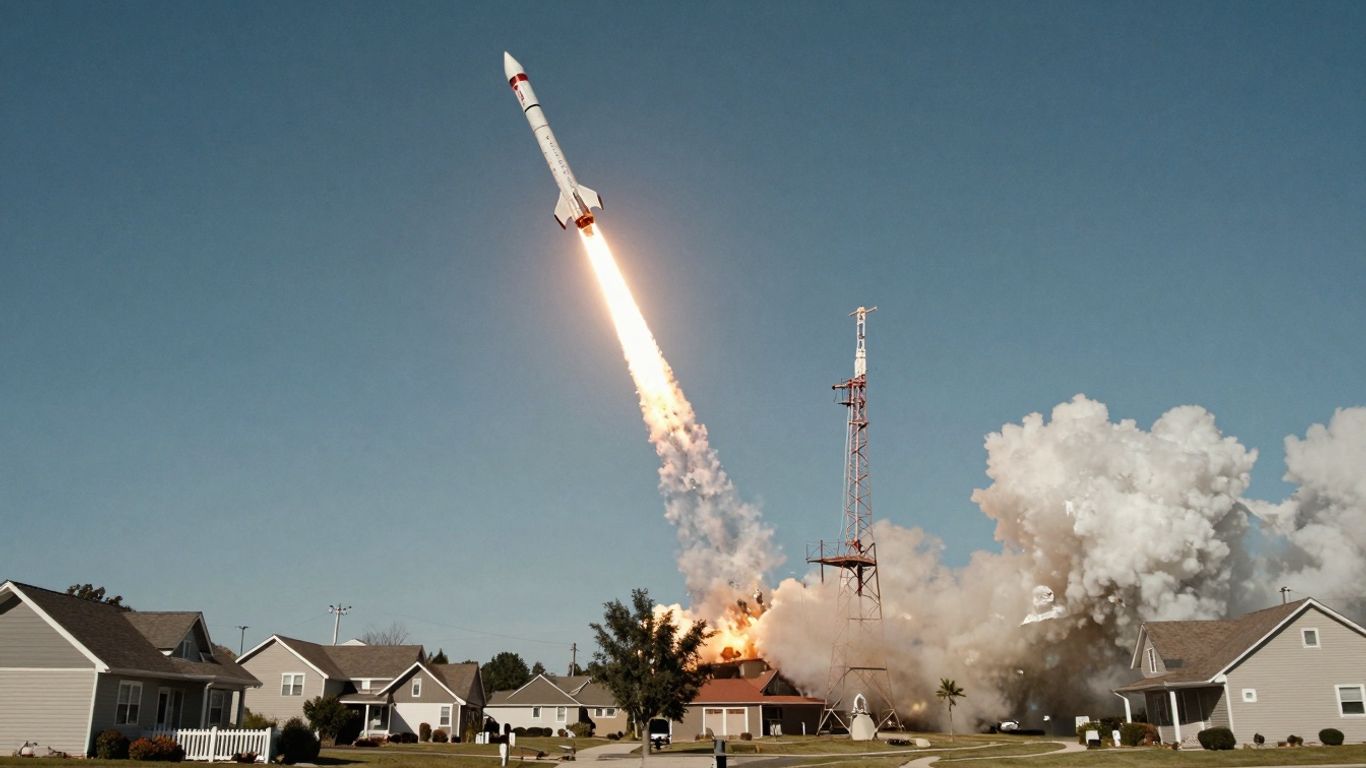 Rocket launching over a suburban neighborhood.