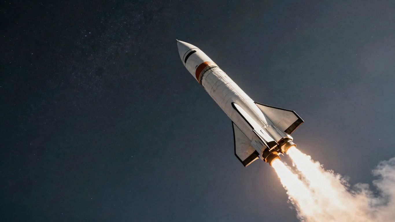 Rocket ship launching into a starry night sky.