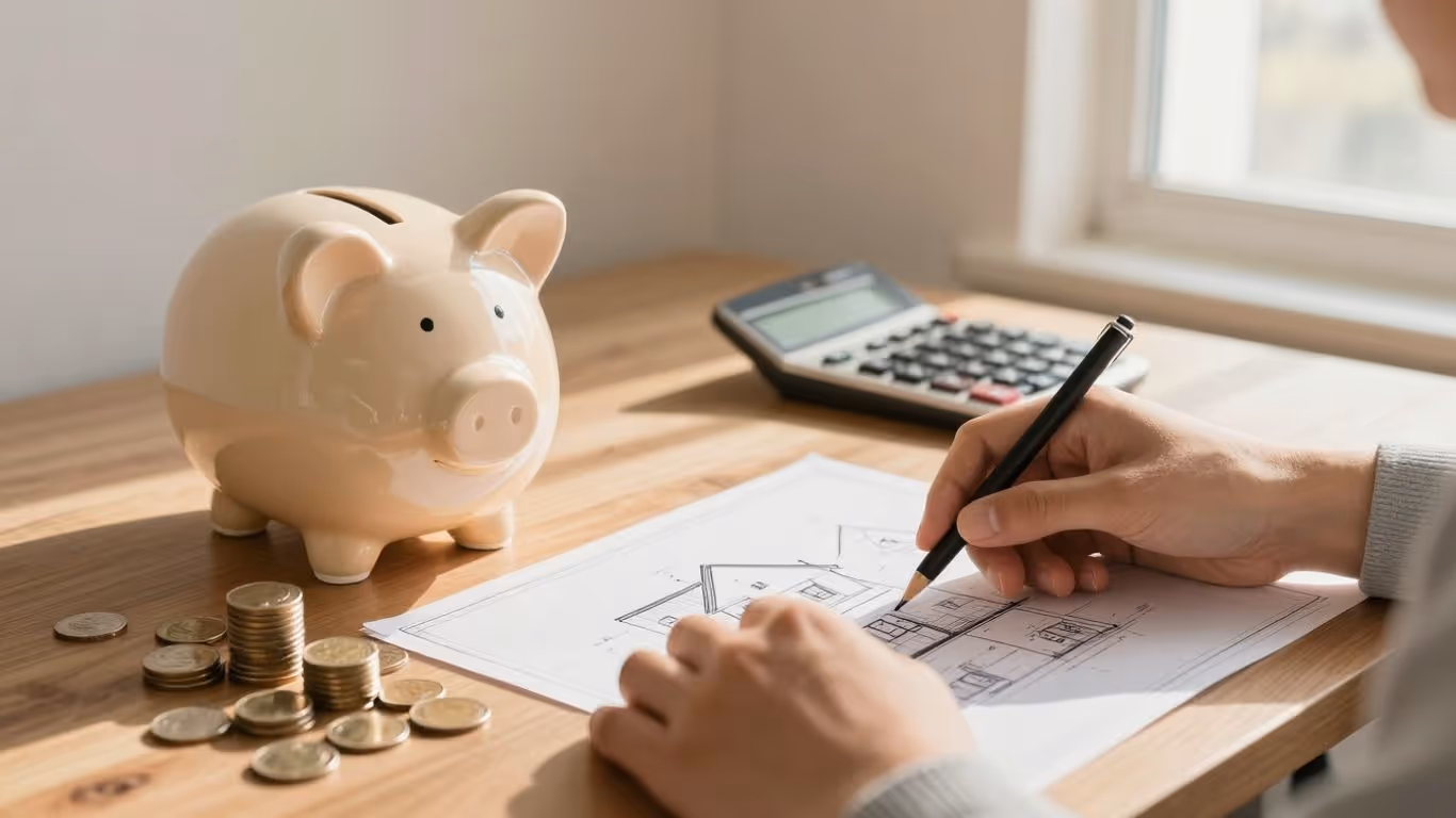 Person reviewing house plans with savings symbols.
