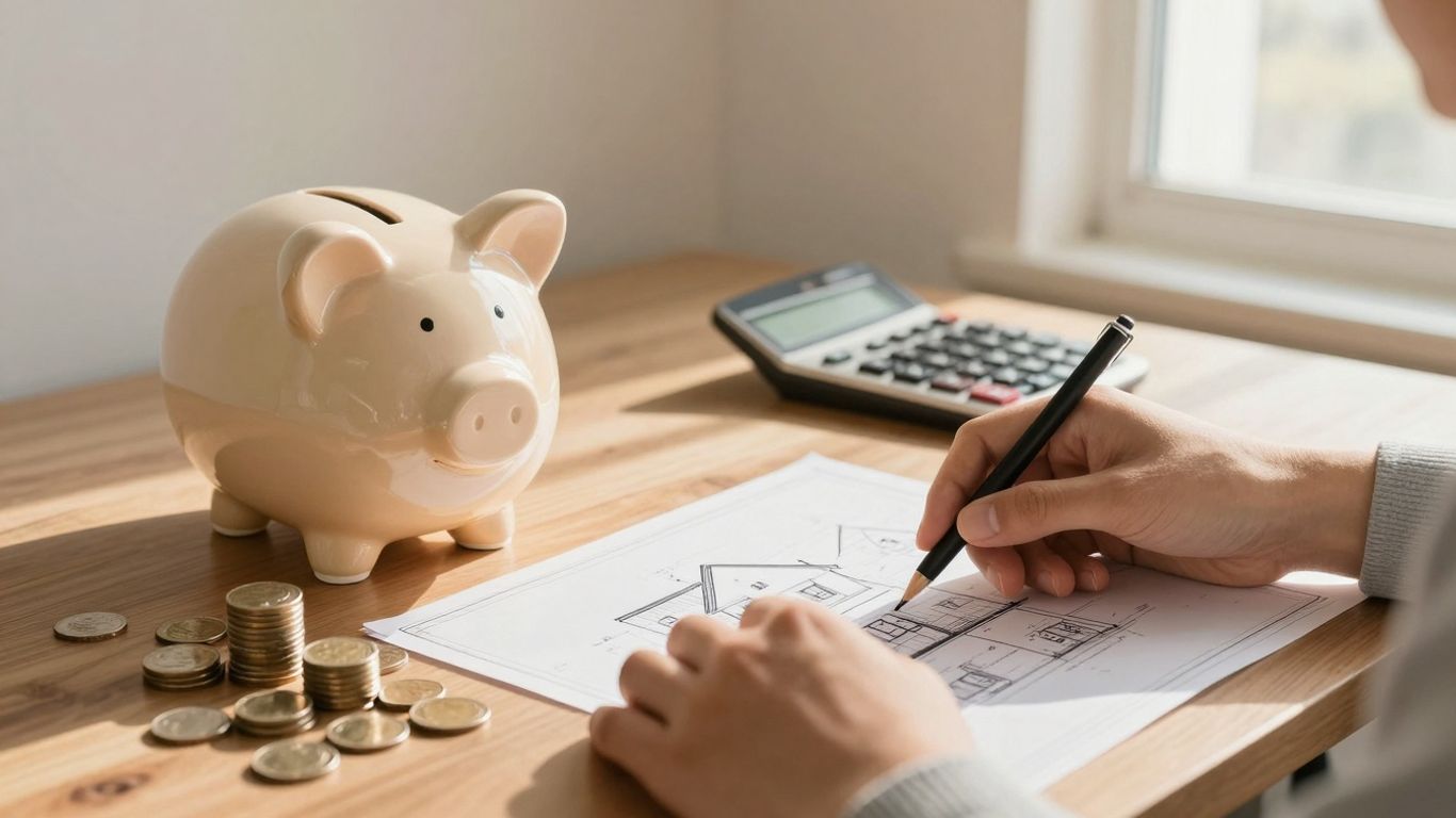 Person reviewing house plans with savings symbols.