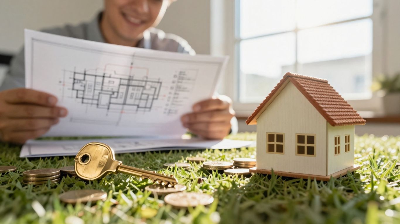 Homeowner with key and coins, symbolizing mortgage savings.