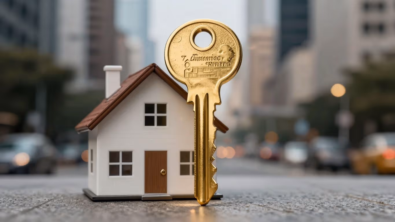House with golden key, mortgage refinance concept.