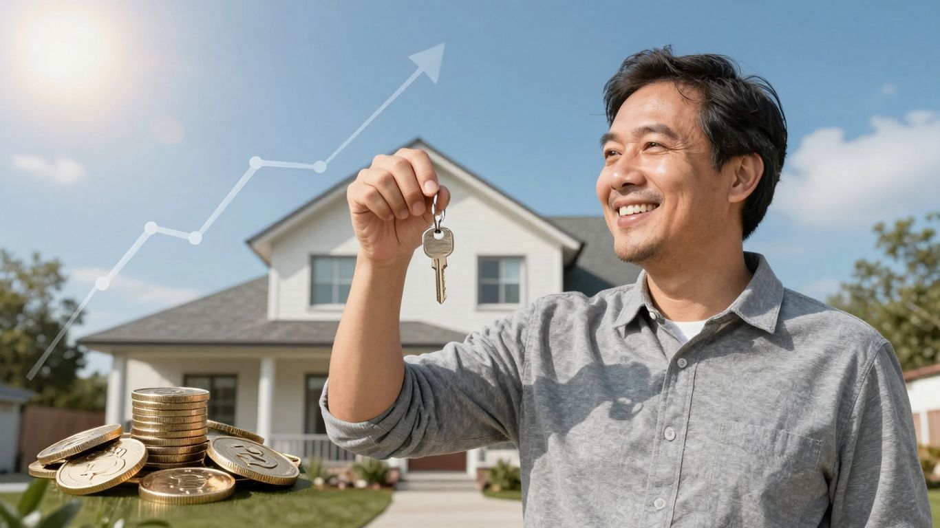 Homeowner with key, house, and financial growth elements.