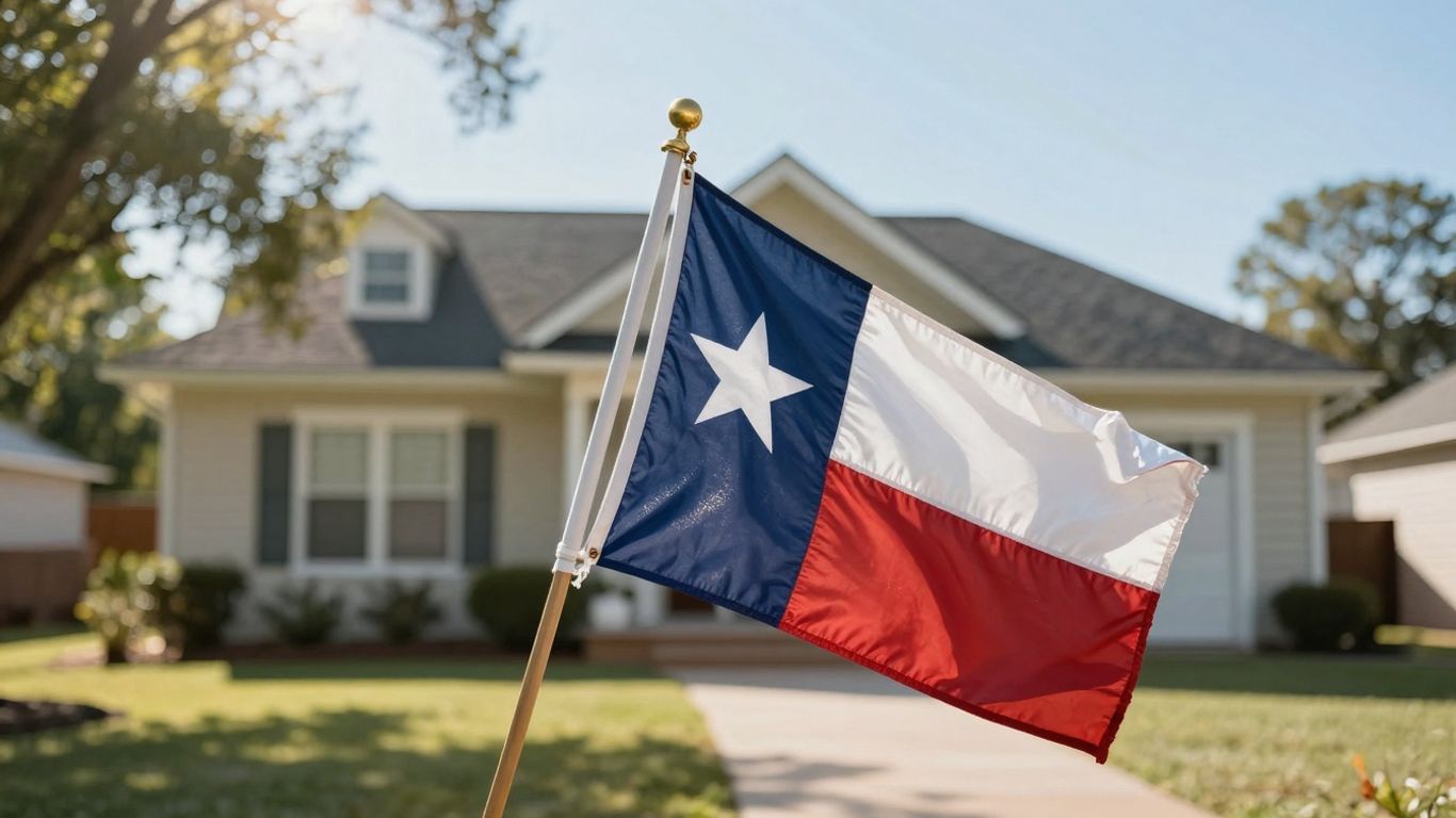 Texas flag and house with sunlight.