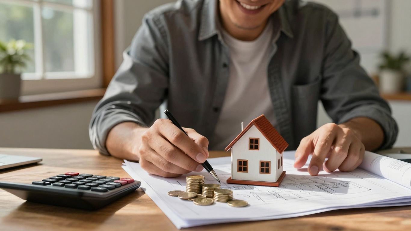 Homeowner reviewing house plans with coins and calculator.