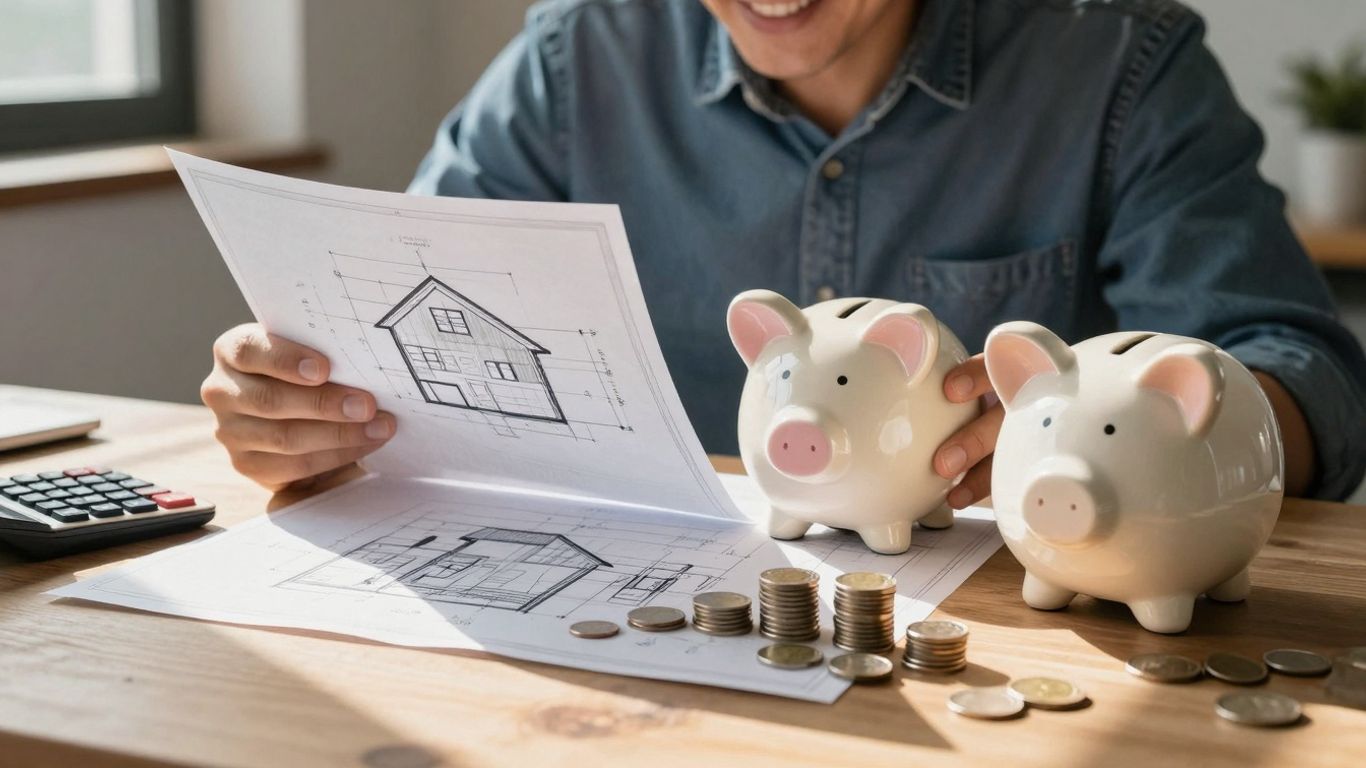 Homeowner with piggy bank and house plans.