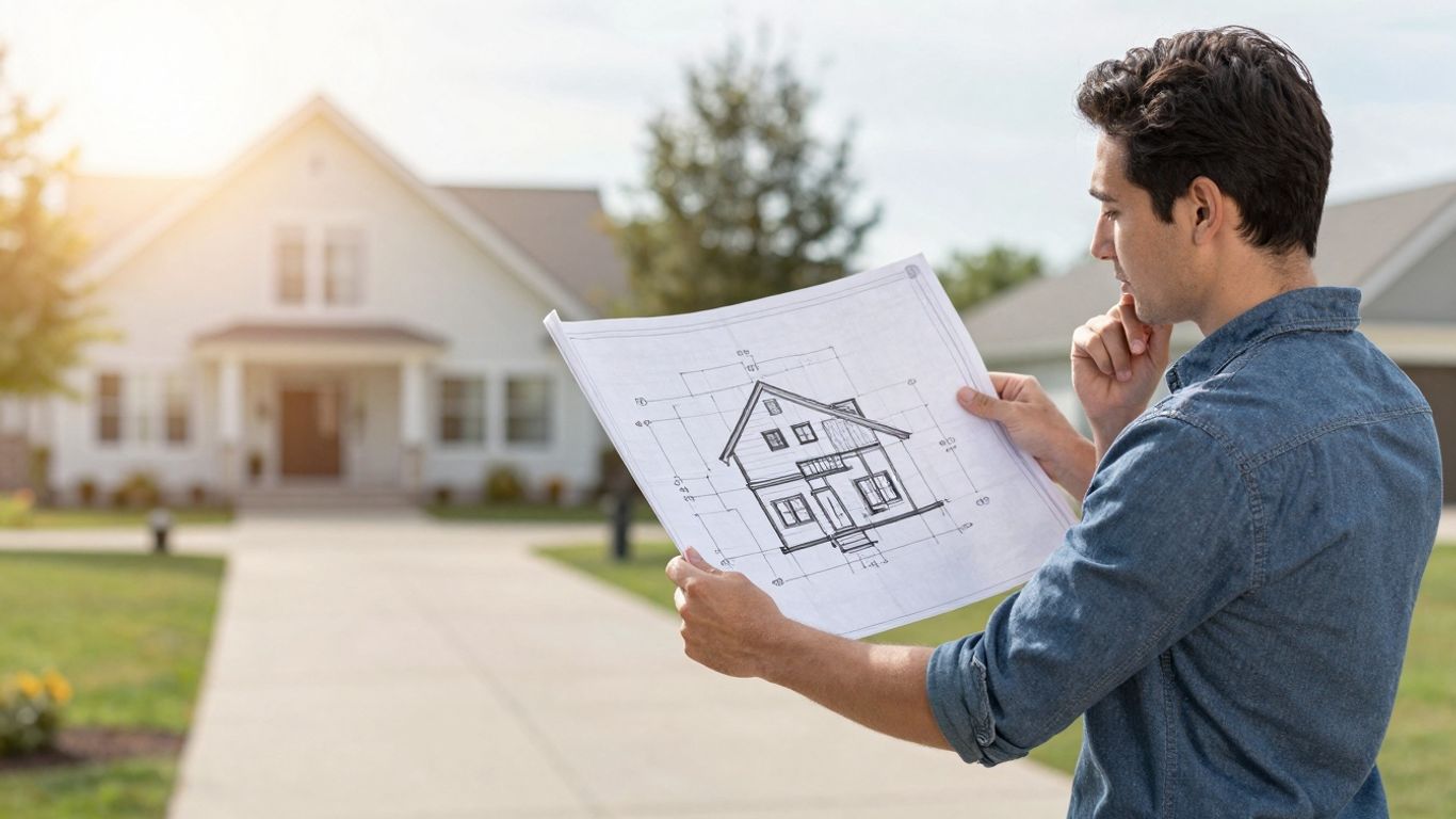 Homeowner reviewing house plans with a bright, hopeful background.