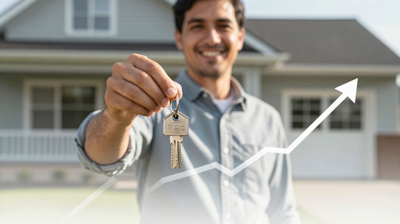 Homeowner with key, happy about refinancing.