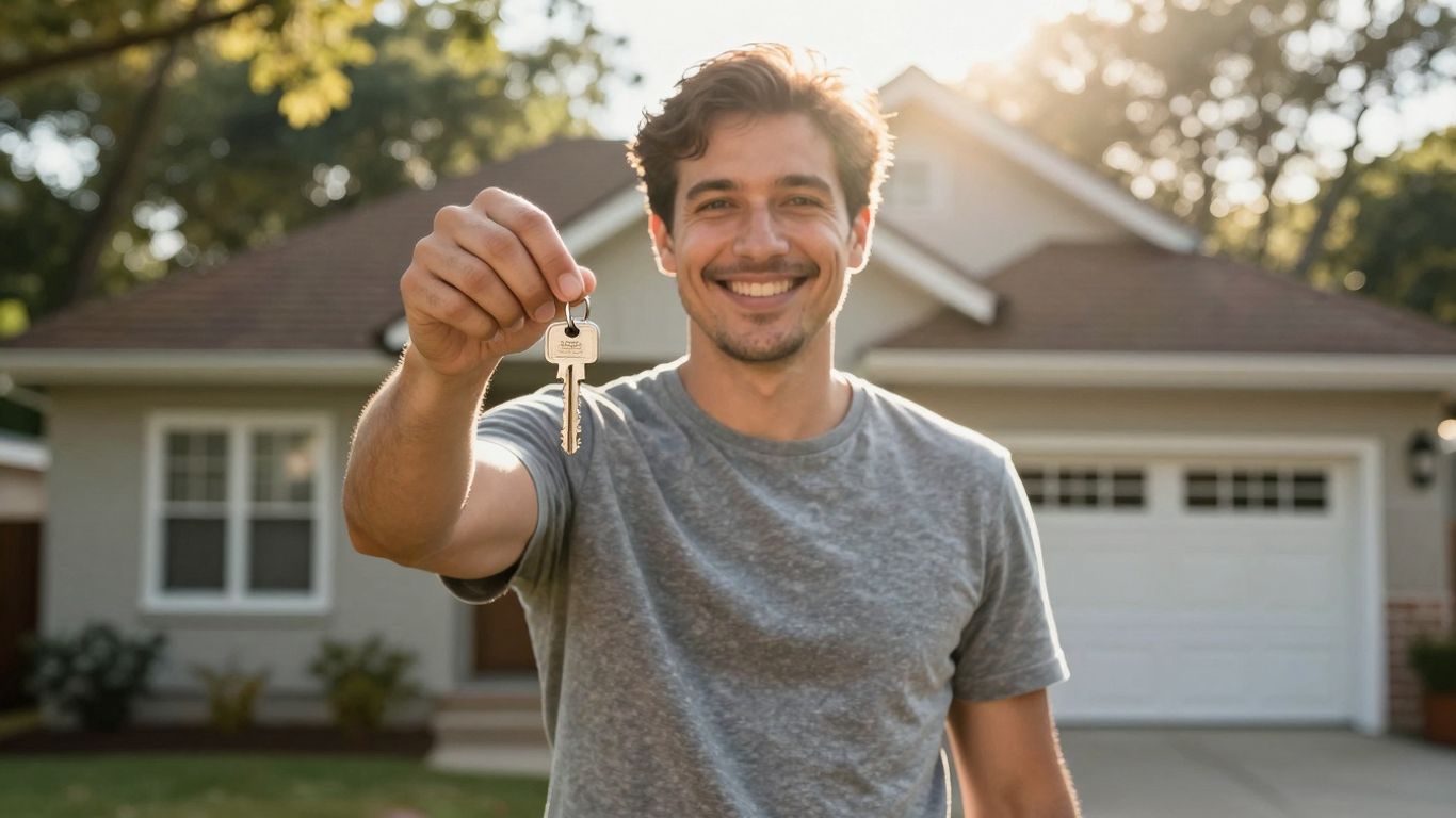 Homeowner with house key, financial relief, new beginnings.