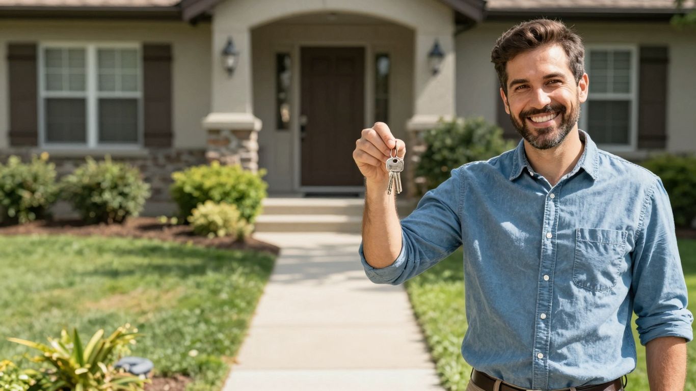 Homeowner with keys, happy about refinance rates.