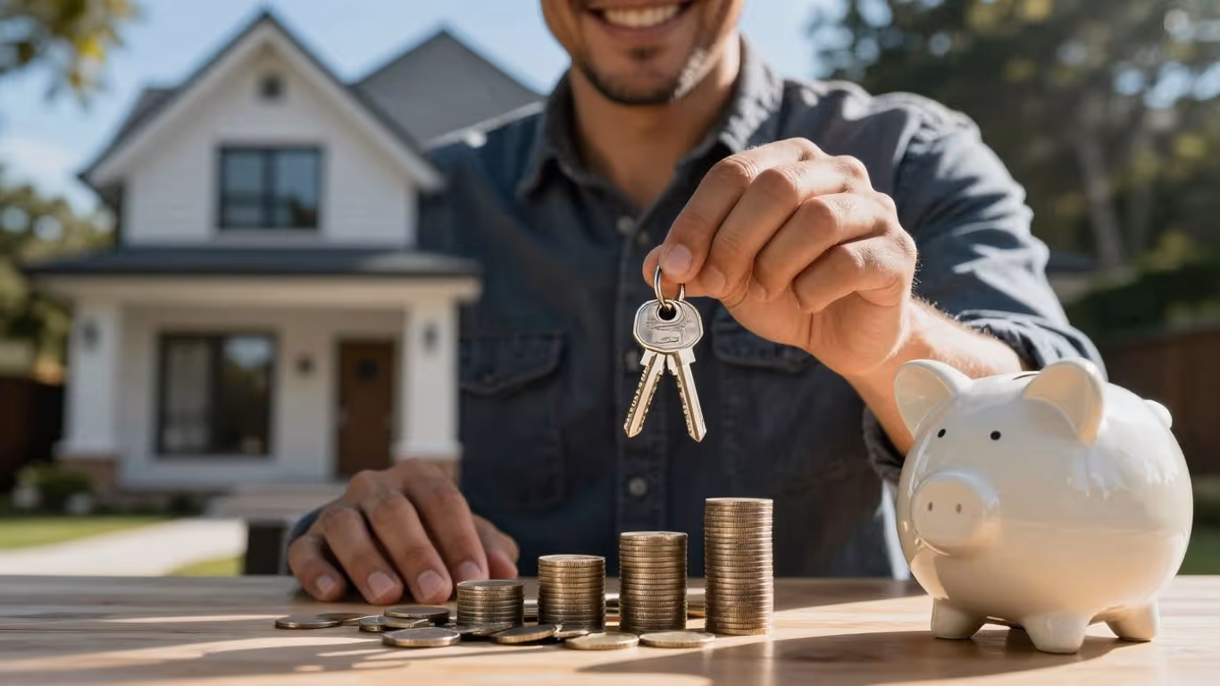 Homeowner with keys, coins, and piggy bank.