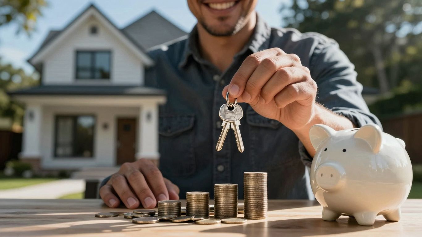 Homeowner with keys, coins, and piggy bank.