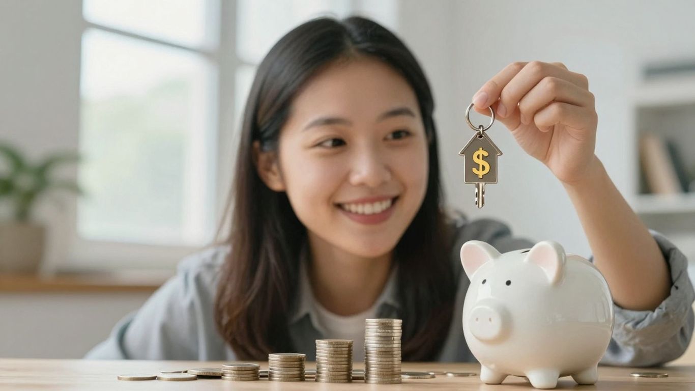 Homeowner with key, dollar sign, coins, and piggy bank.