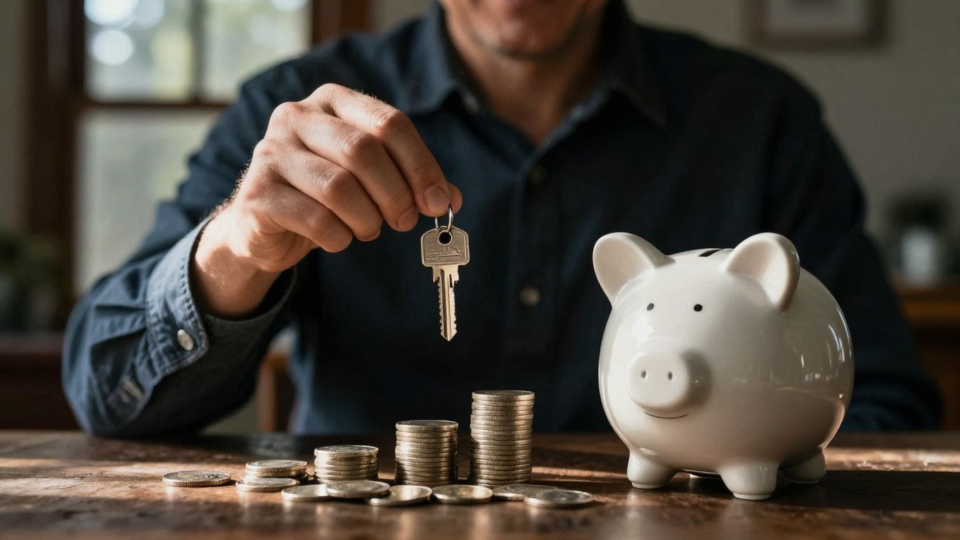 Homeowner with key, coins, and piggy bank.