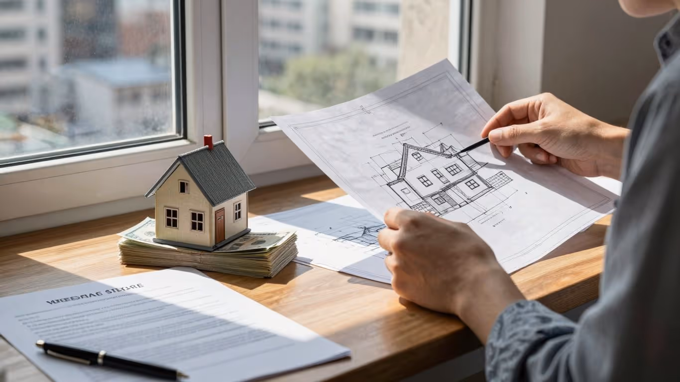 Homeowner planning mortgage refinance with cash and documents.