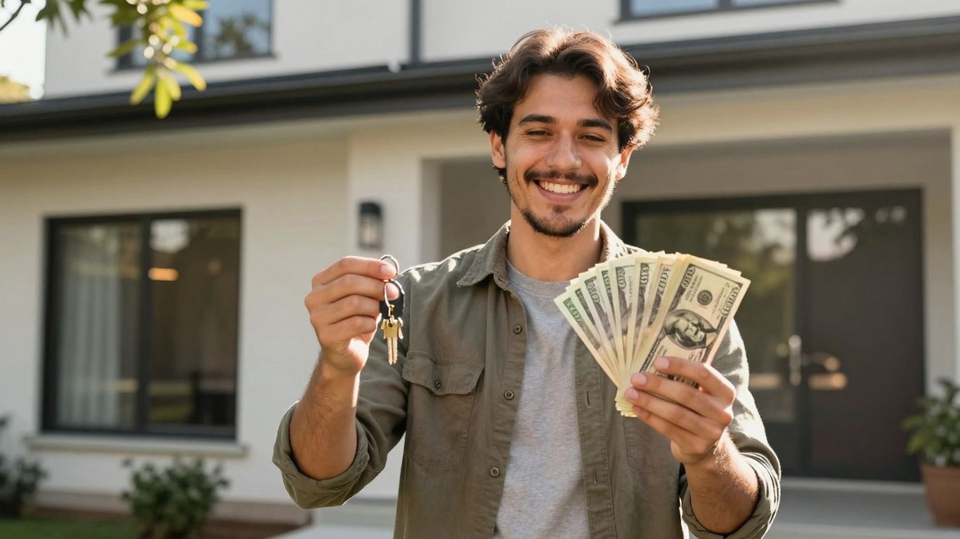 Homeowner with cash and keys, happy about refinance.