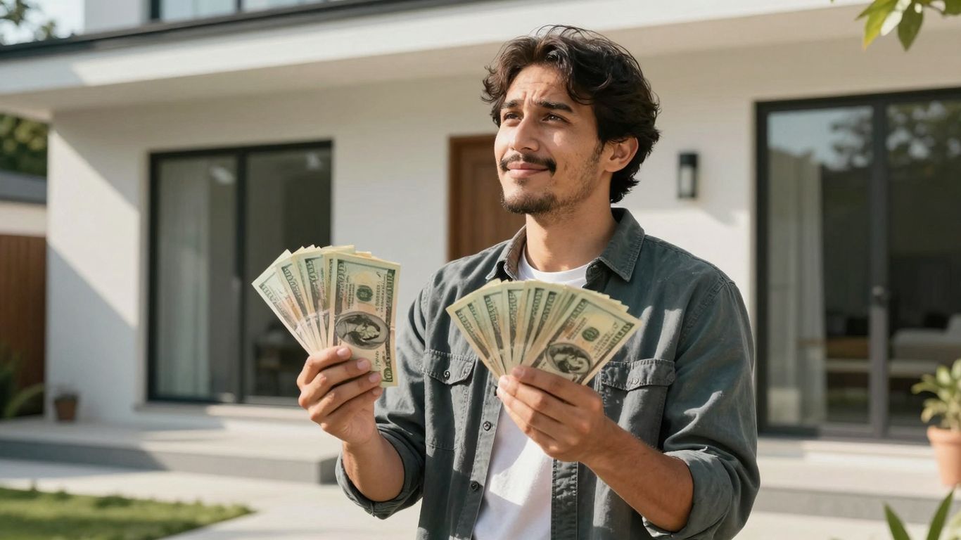 Homeowner with cash, looking at house.