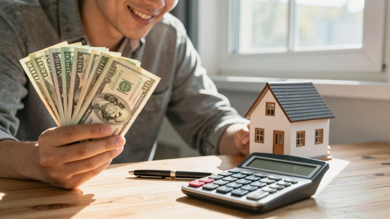 Homeowner with cash, house, and calculator.