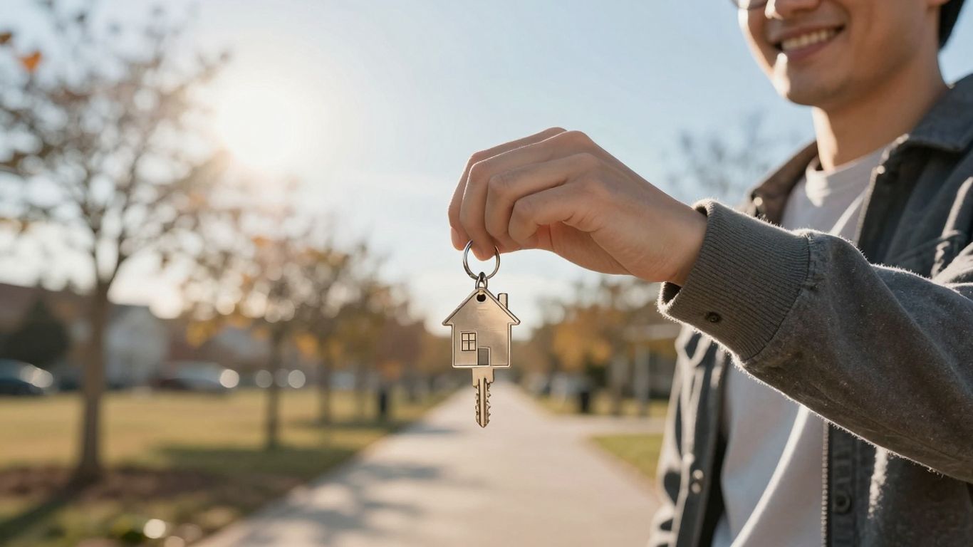 Person holding house key, financial growth background.
