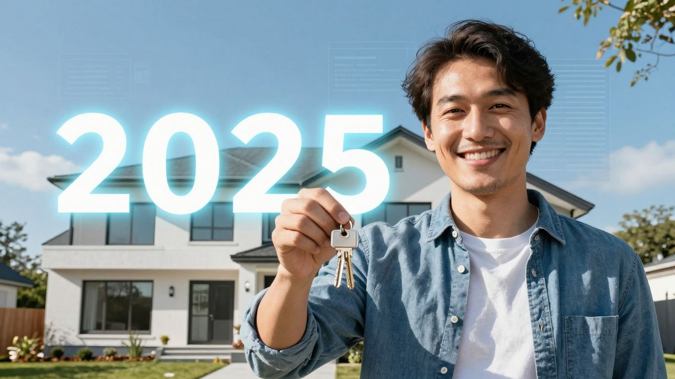 Homeowner with keys, house, and 2025 refinance graphic.