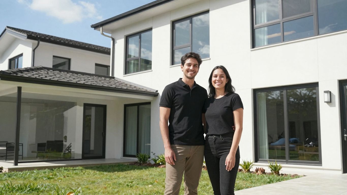 Couple happy outside home, refinancing concept.