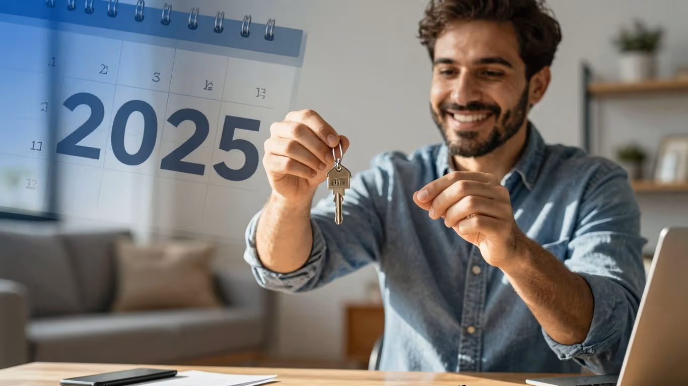 Homeowner with key, 2025 calendar, financial security