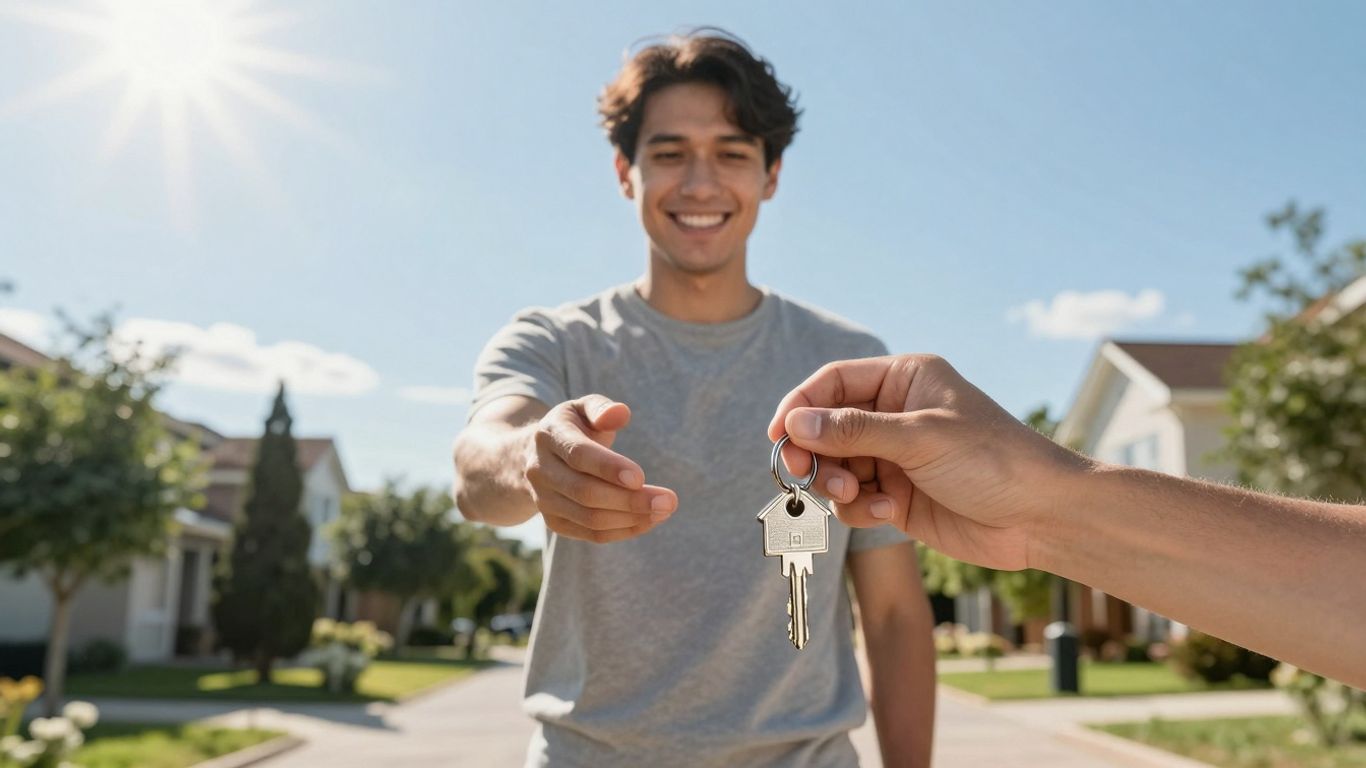 Homeowner with key, symbolizing financial security and future prosperity.