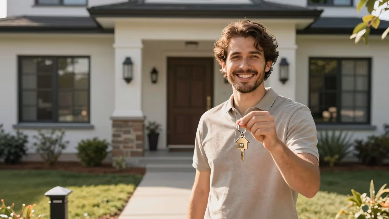 Homeowner with key, happy about mortgage refinance.