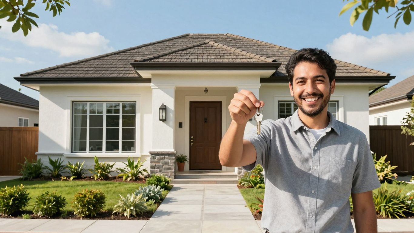 Happy homeowner with keys in front of a house.