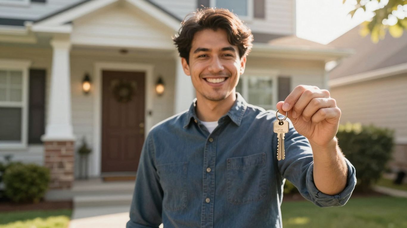 Homeowner with key, symbolizing financial relief and a new beginning.