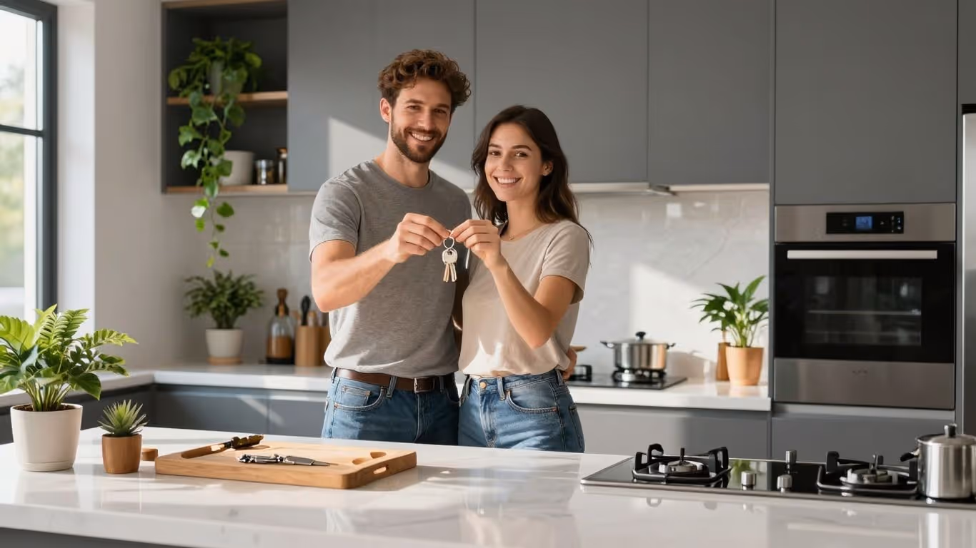 Couple holding keys in a renovated dream home kitchen.