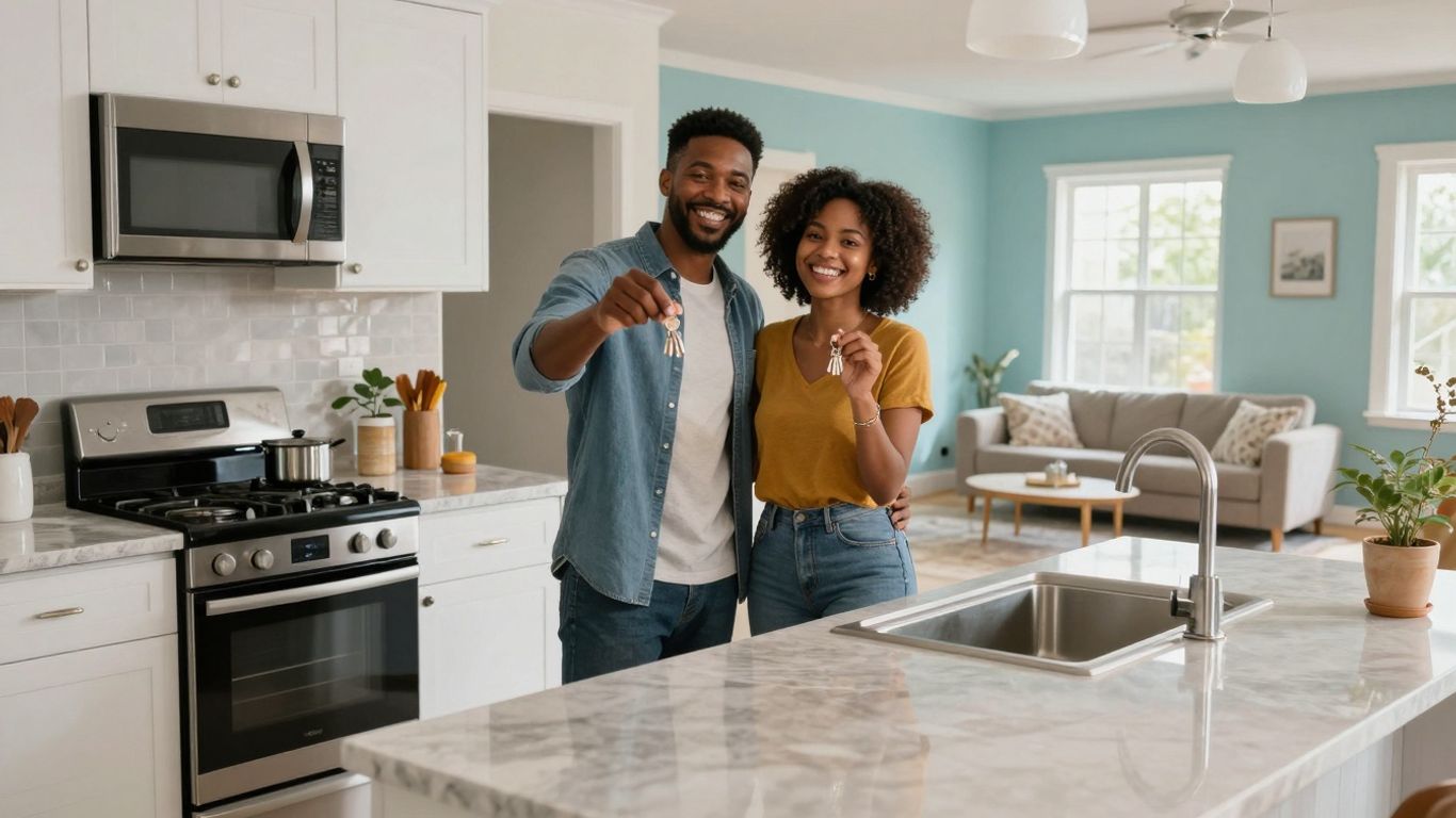 Couple holding keys in renovated home