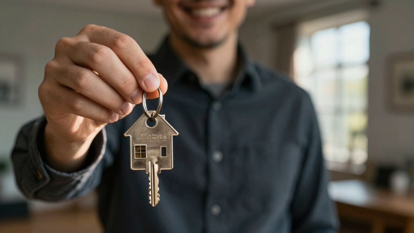 Person holding house key, symbolizing financial success.