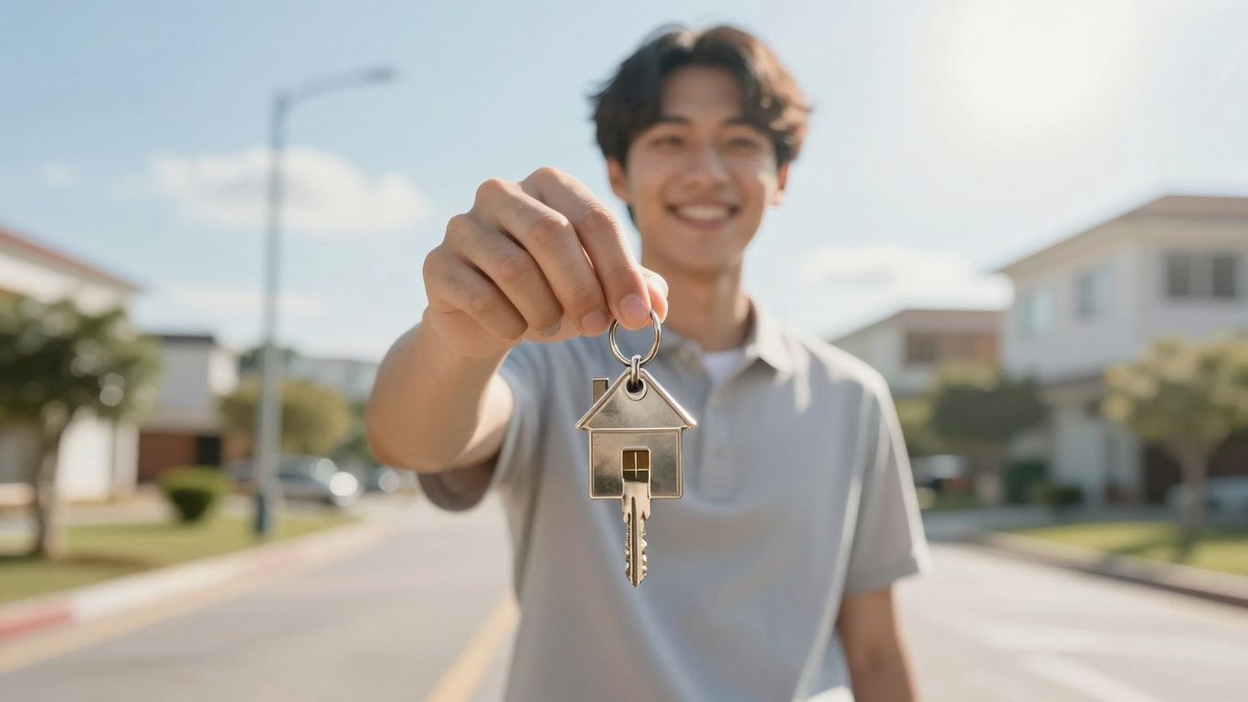 Person holding house key, symbolizing mortgage refinance success.