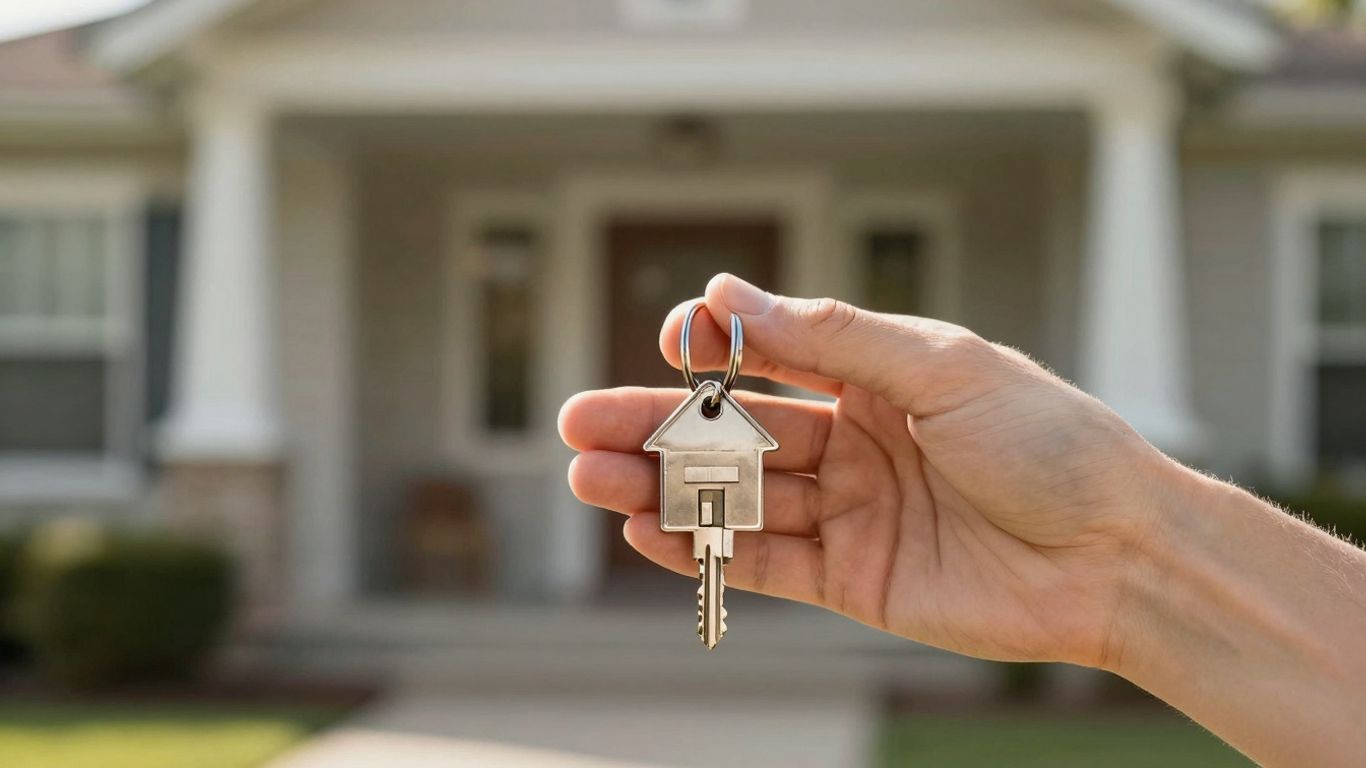 Person holding house key, symbolizing mortgage refinance success.