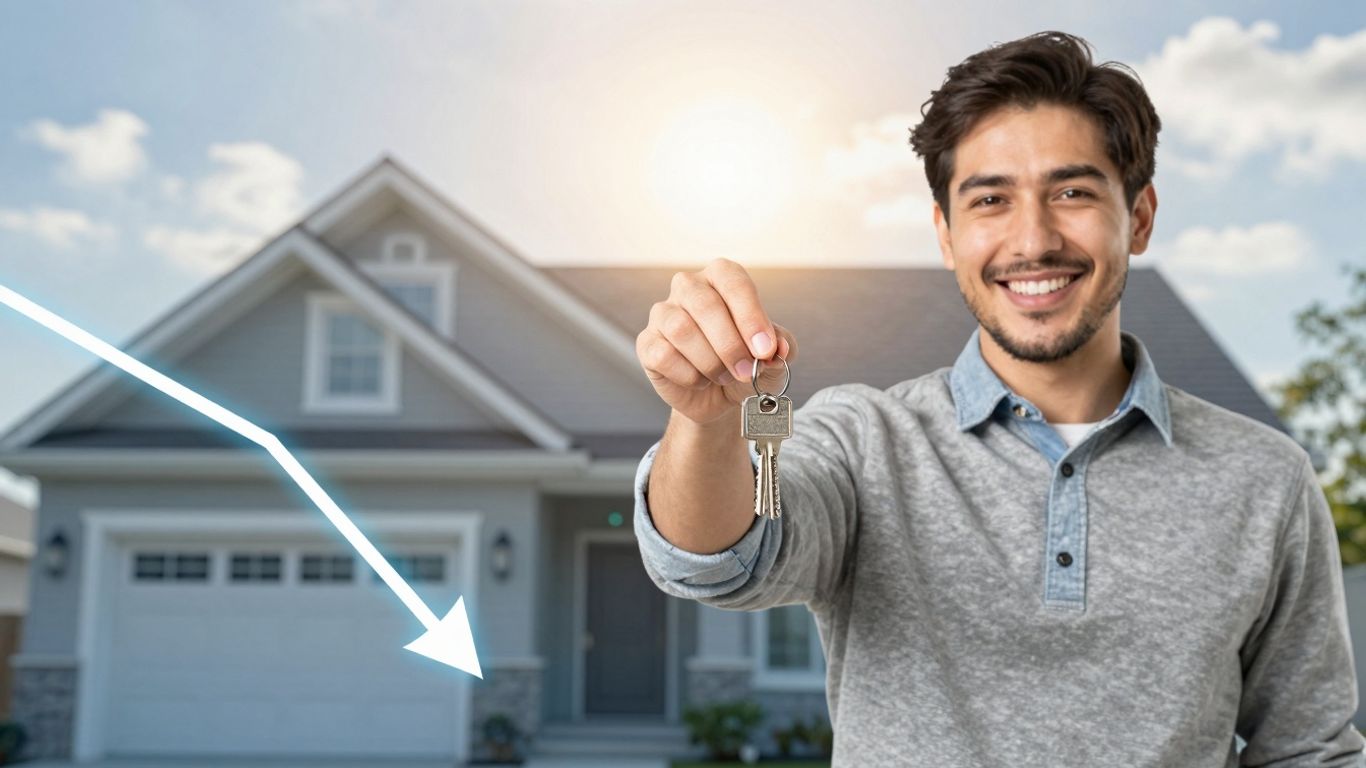 Homeowner with key, house, and downward interest rate graphic.