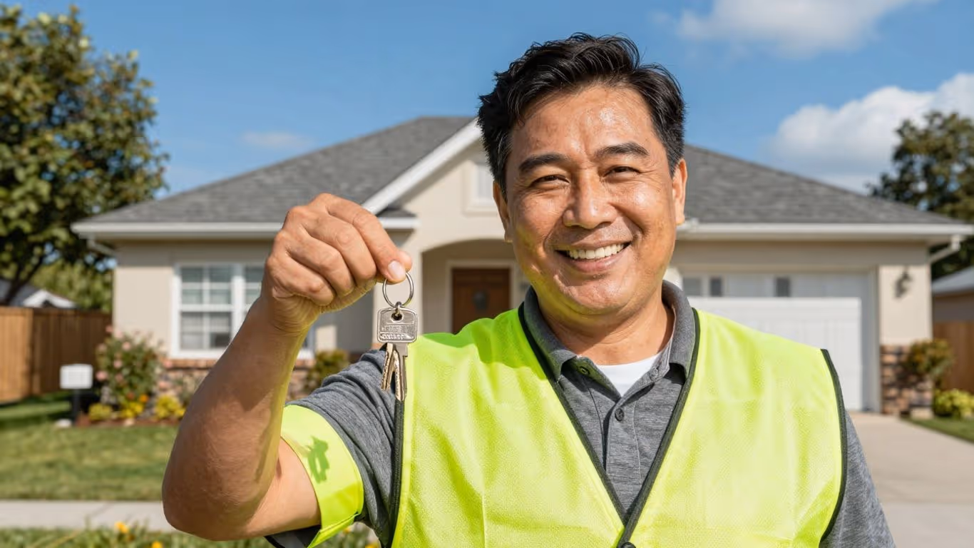 Homeowner with key, happy about mortgage savings.