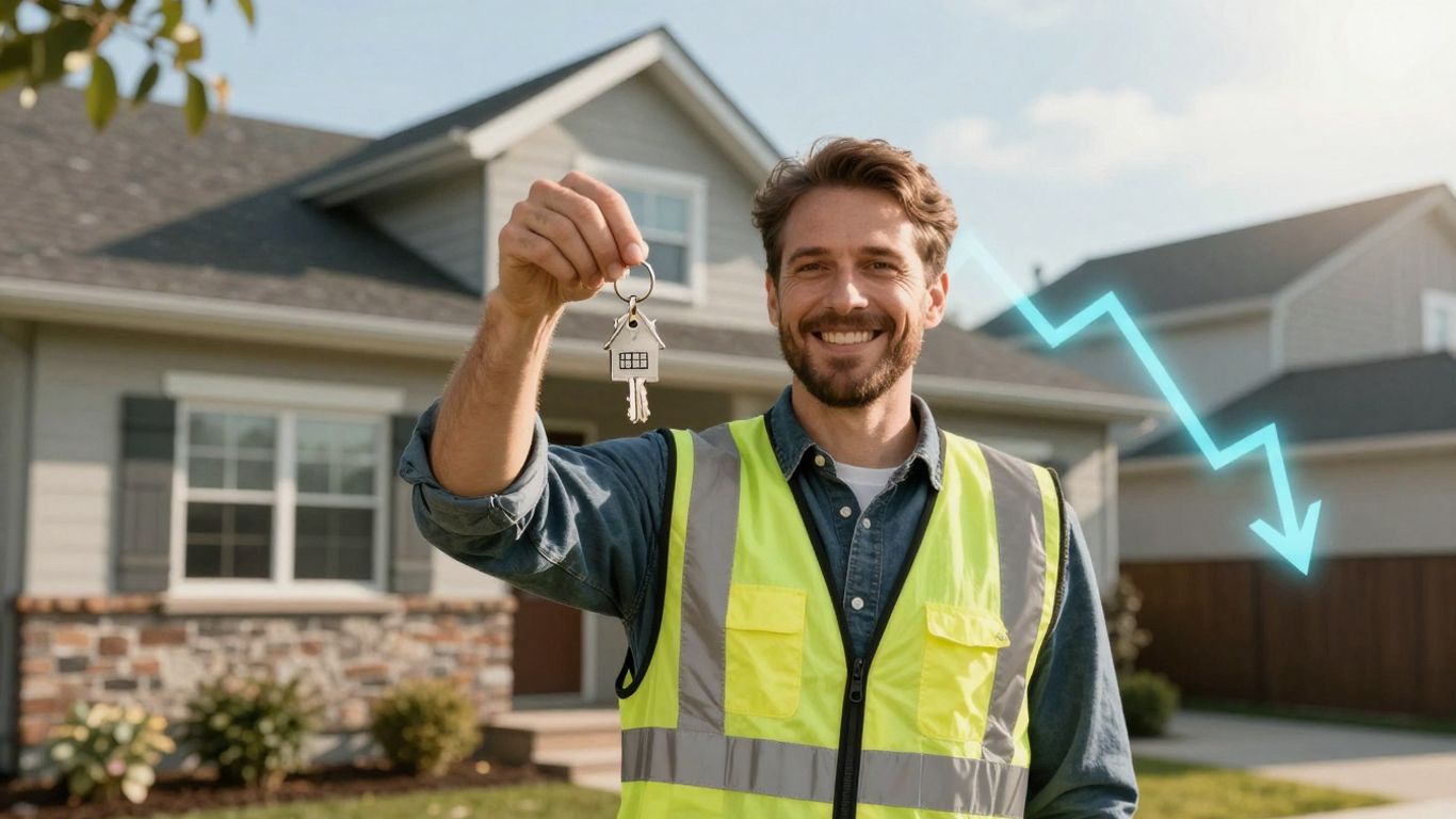 Homeowner with house key, financial growth graphic.