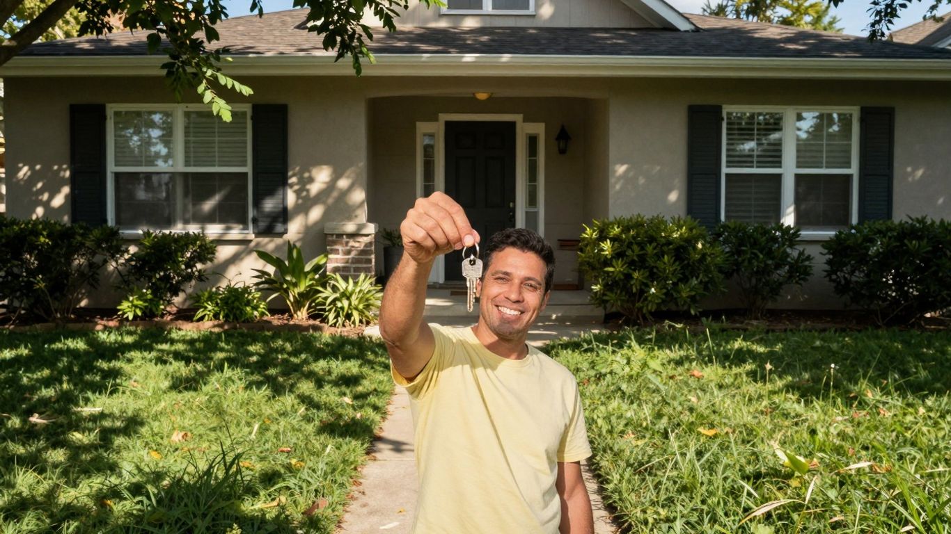 Homeowner with key, symbolizing mortgage savings.
