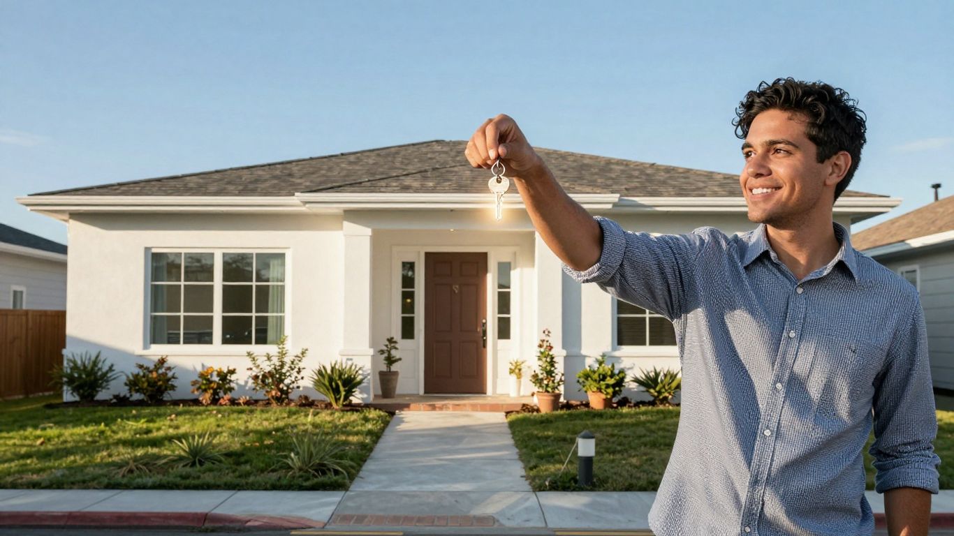 Person holding house key near a home.