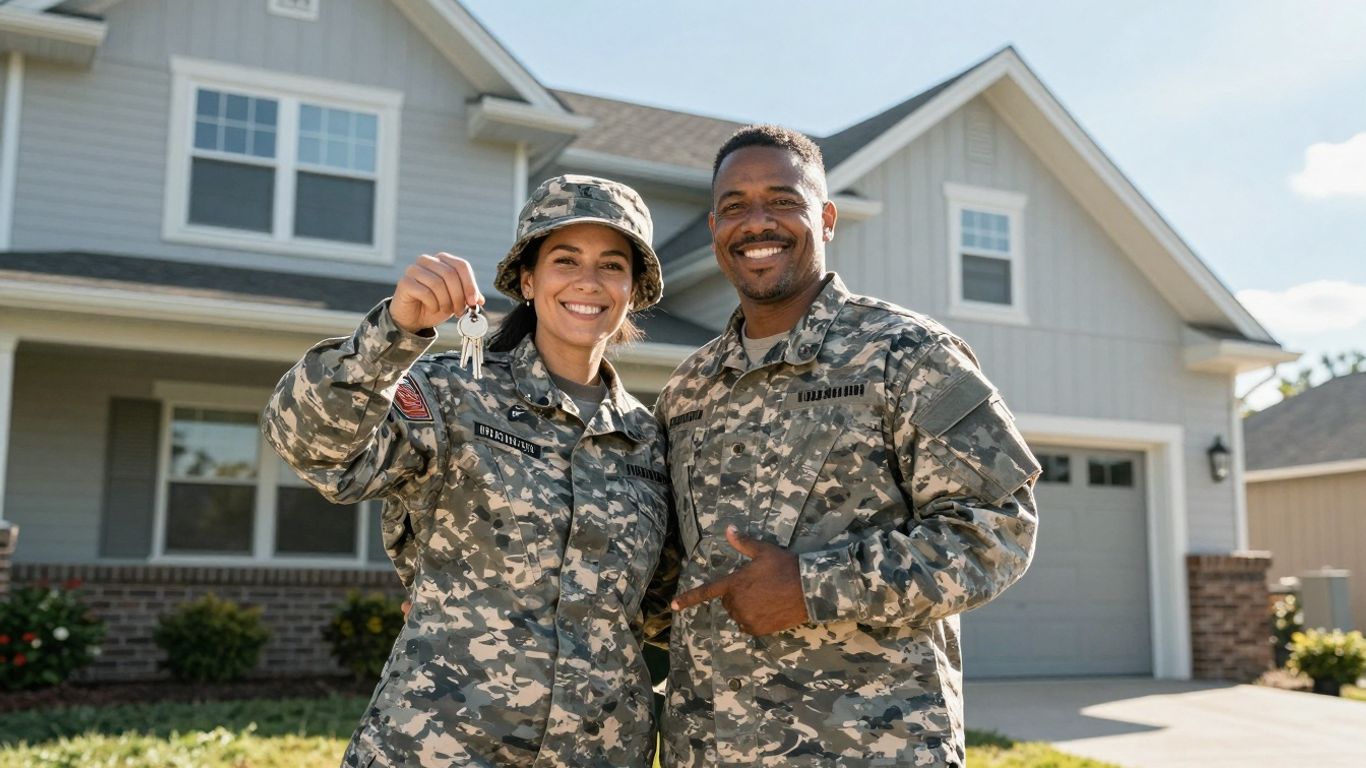 Couple holding keys in front of a house.