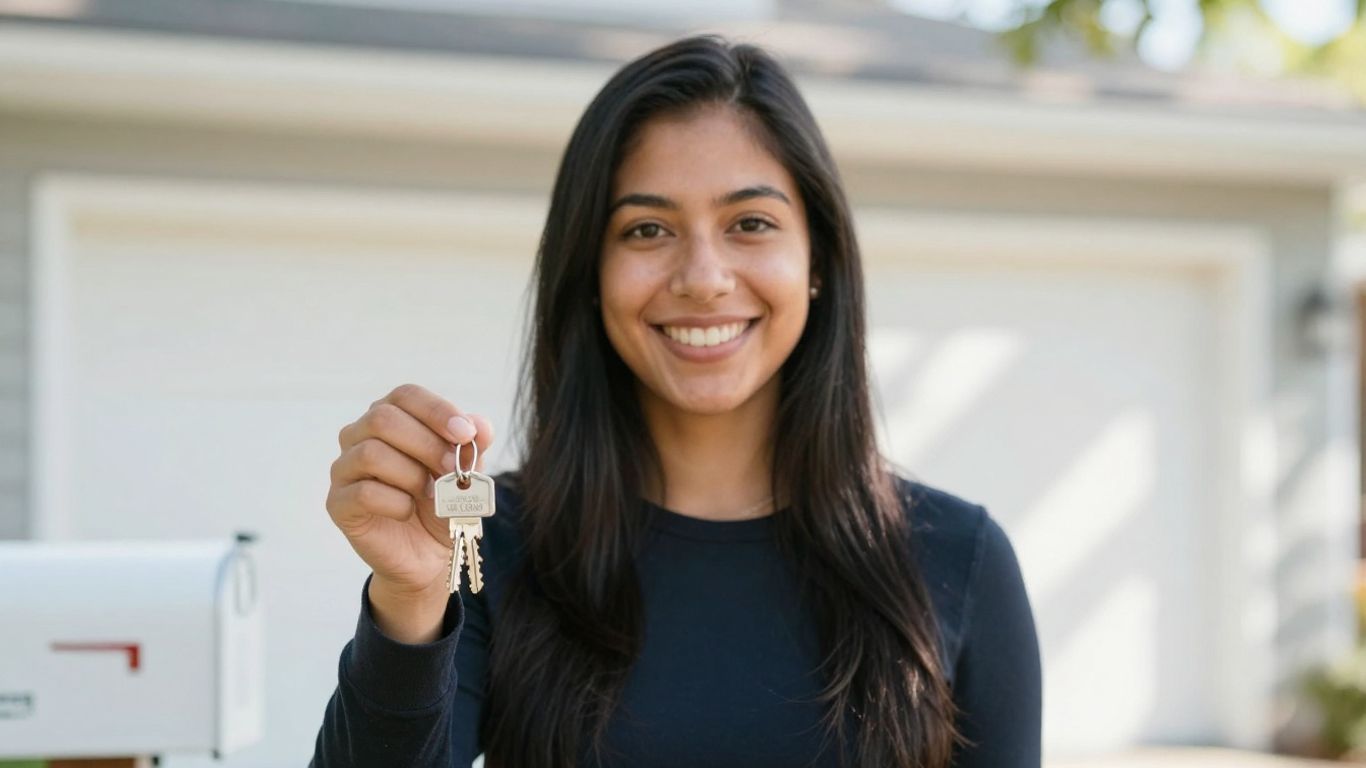 Couple with keys outside home, VA refinance concept.