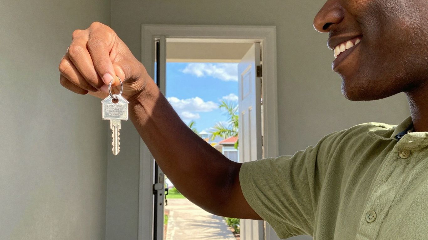 Person with house key, looking towards a bright future.