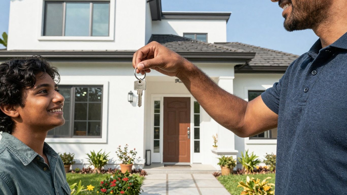 Person with house key, bright home, sunlight.