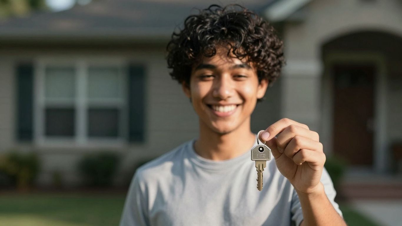 Person holding house key, smiling, symbolizing lower mortgage payments.