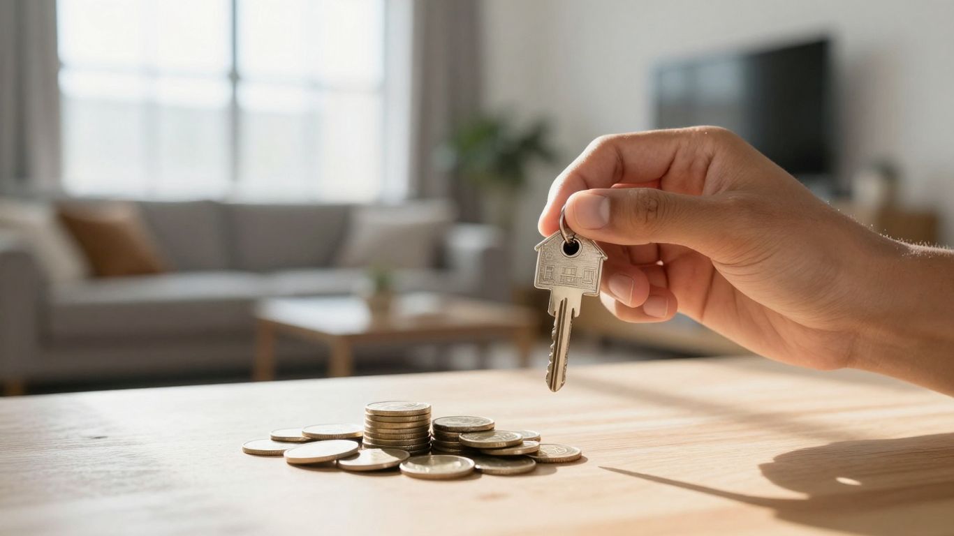 Person with house key and coins, planning mortgage refinance.
