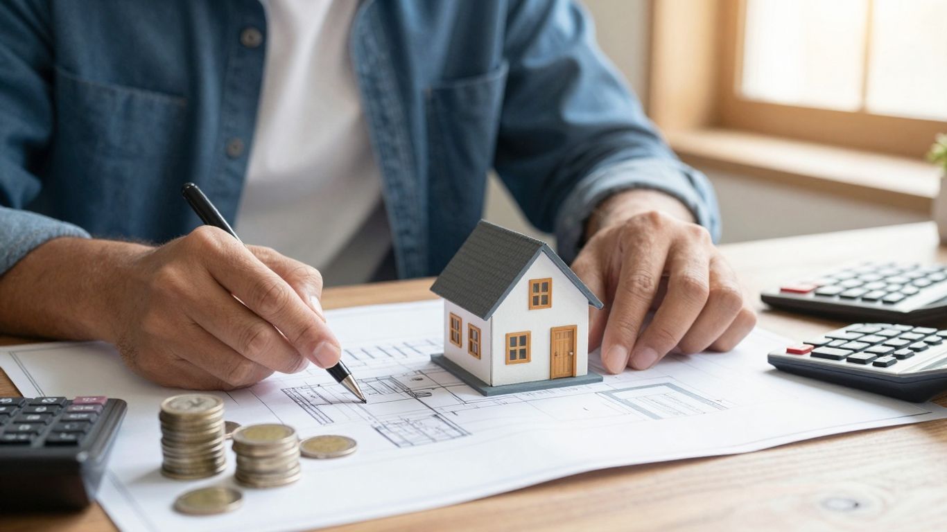 Person planning mortgage refinance with coins and blueprint.