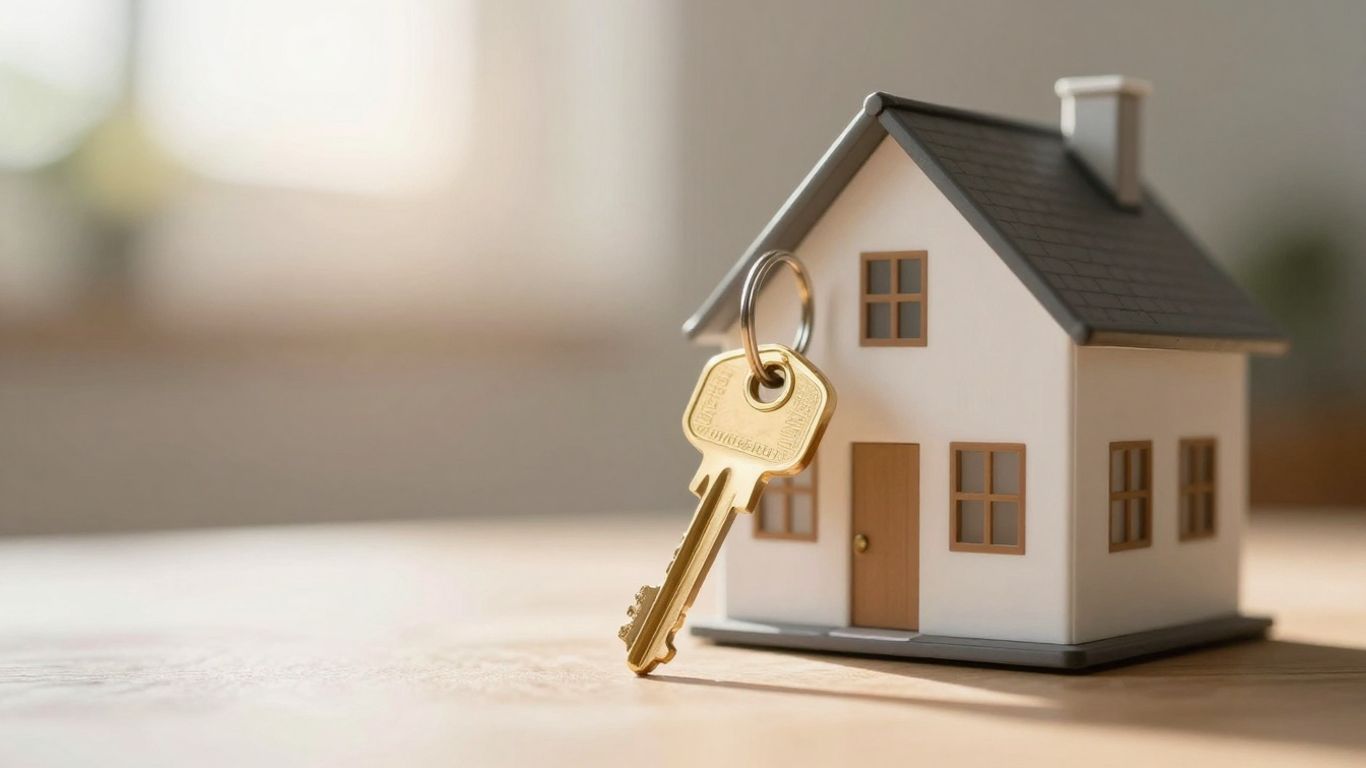 House with golden key, sunlight, financial opportunity