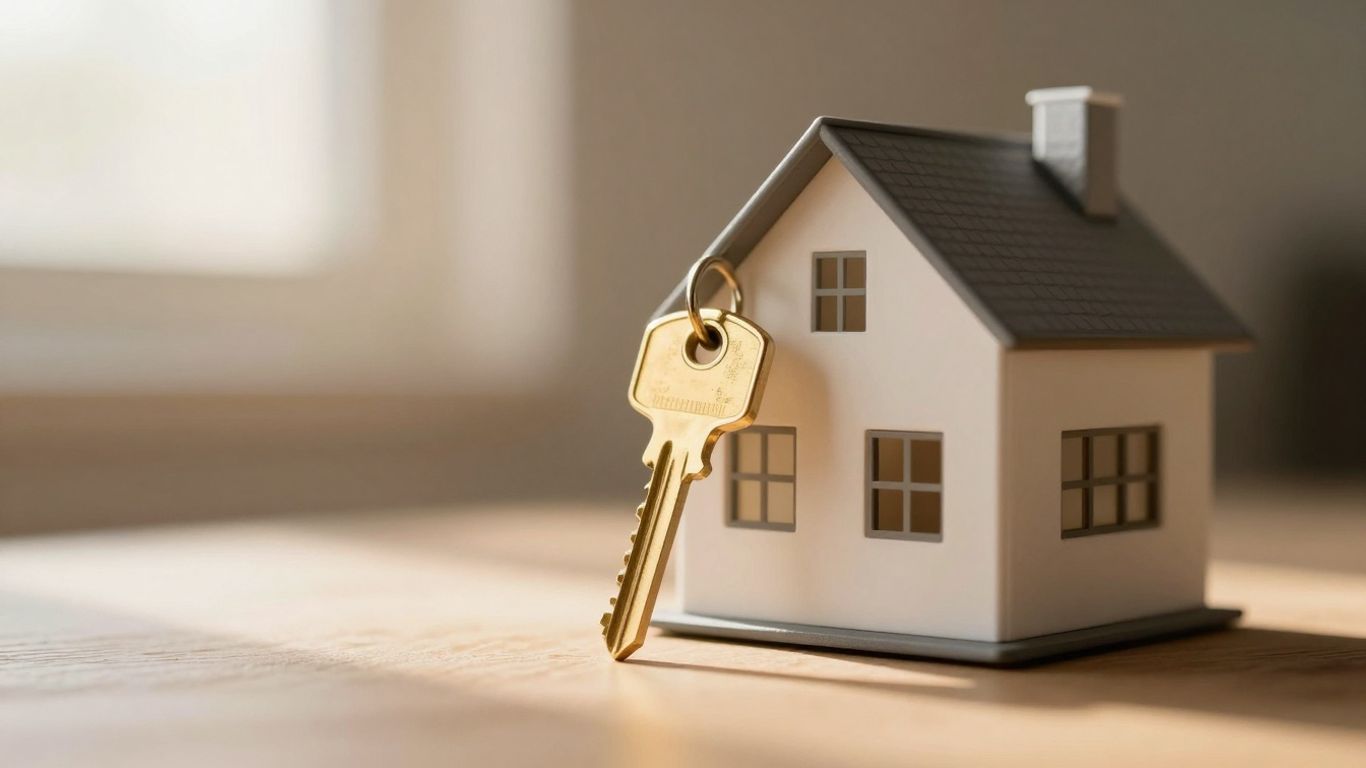 House with a golden key, sunlight, financial opportunity.