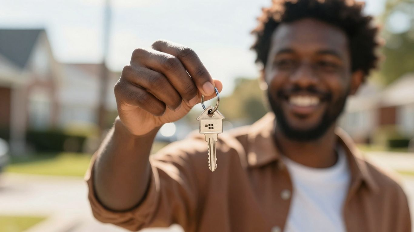 Person holding house key, smiling, sunlight